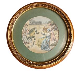 Vintage Victorian Antique Framed Re Print Round Wooden 11" in diameter Courtship